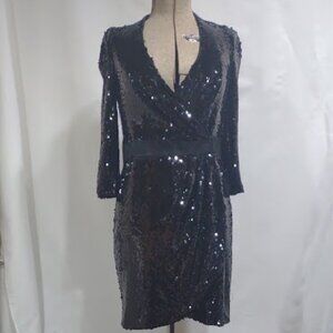 RACHEL ZOE BLACK SEQUINED WRAP DRESS 3/4 SLEEVES COCKTAIL LENGTH WOMEN'S SIZE 12